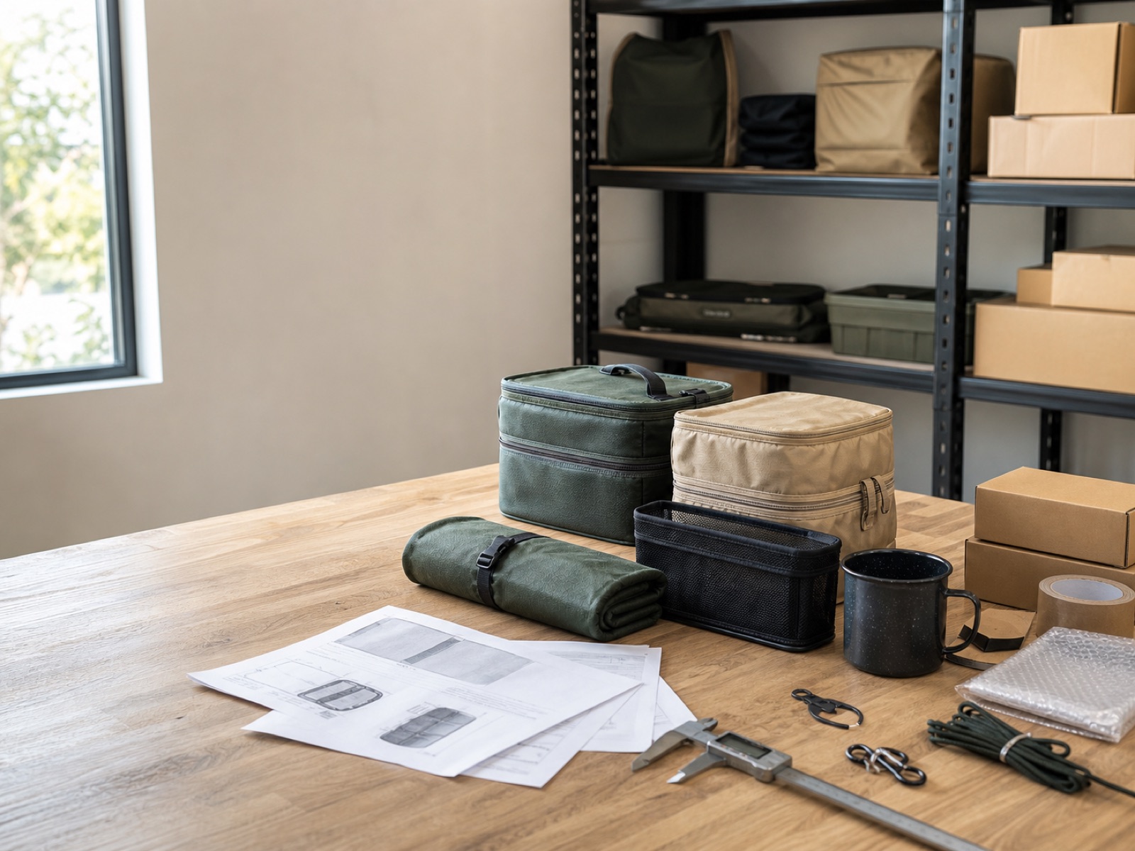 Unbranded outdoor product samples arranged for specification and packaging review